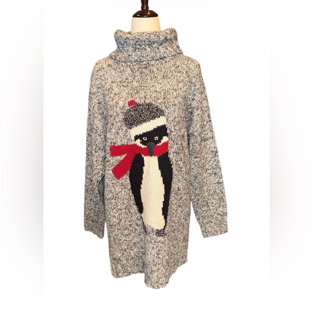 Talbots Speckled Holiday Gray Penguin Knit Sweater